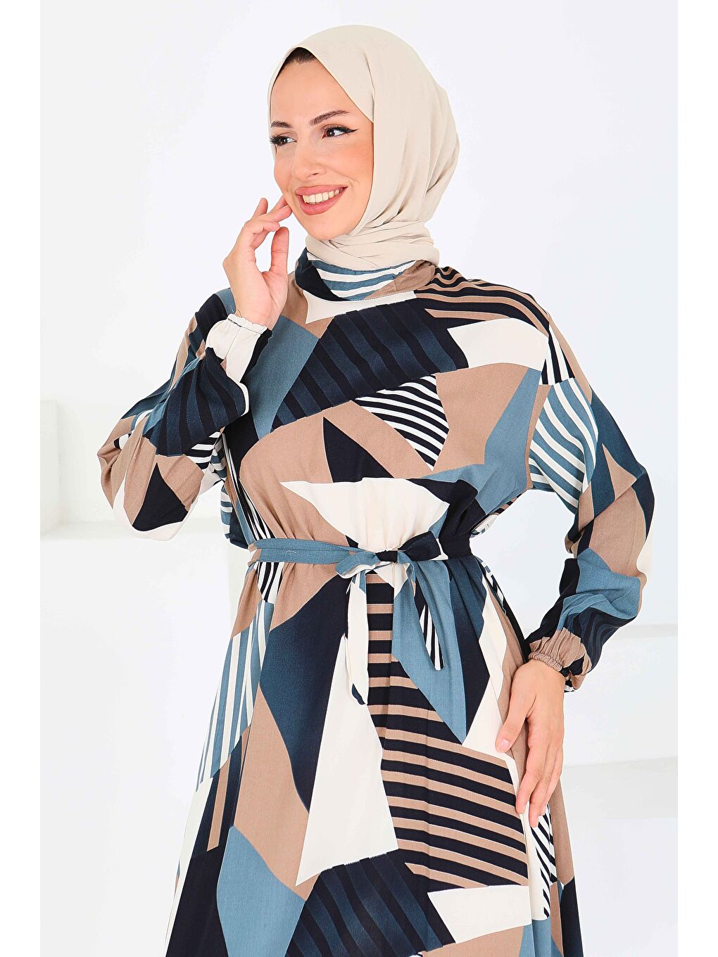 Bej Desenli Kuşaklı Elbise Vizon - 27517