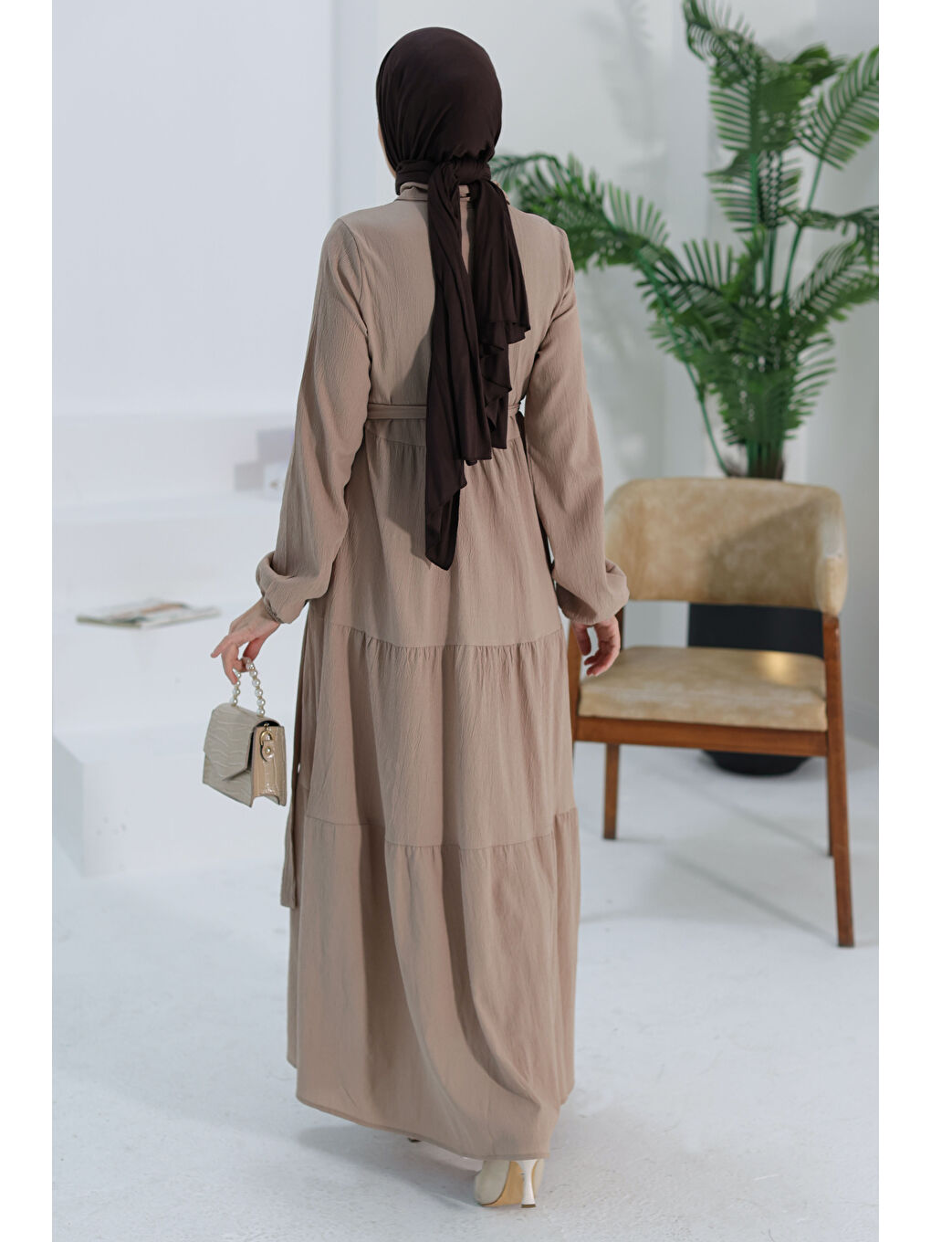 Bej Kuşaklı Kat Kat Elbise Vizon - 27345-4