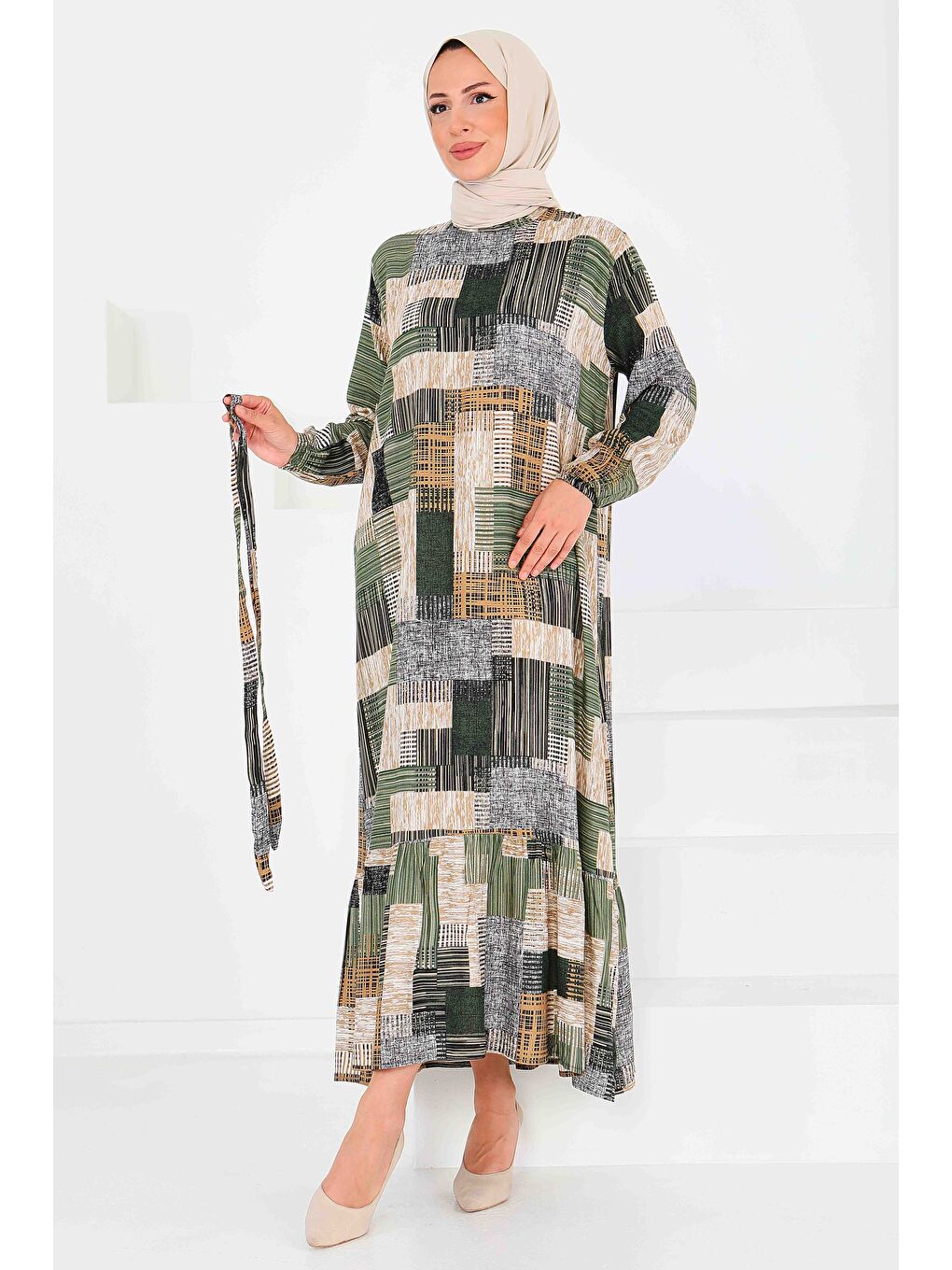 Desenli Kuşaklı Elbise Haki - 27518-1