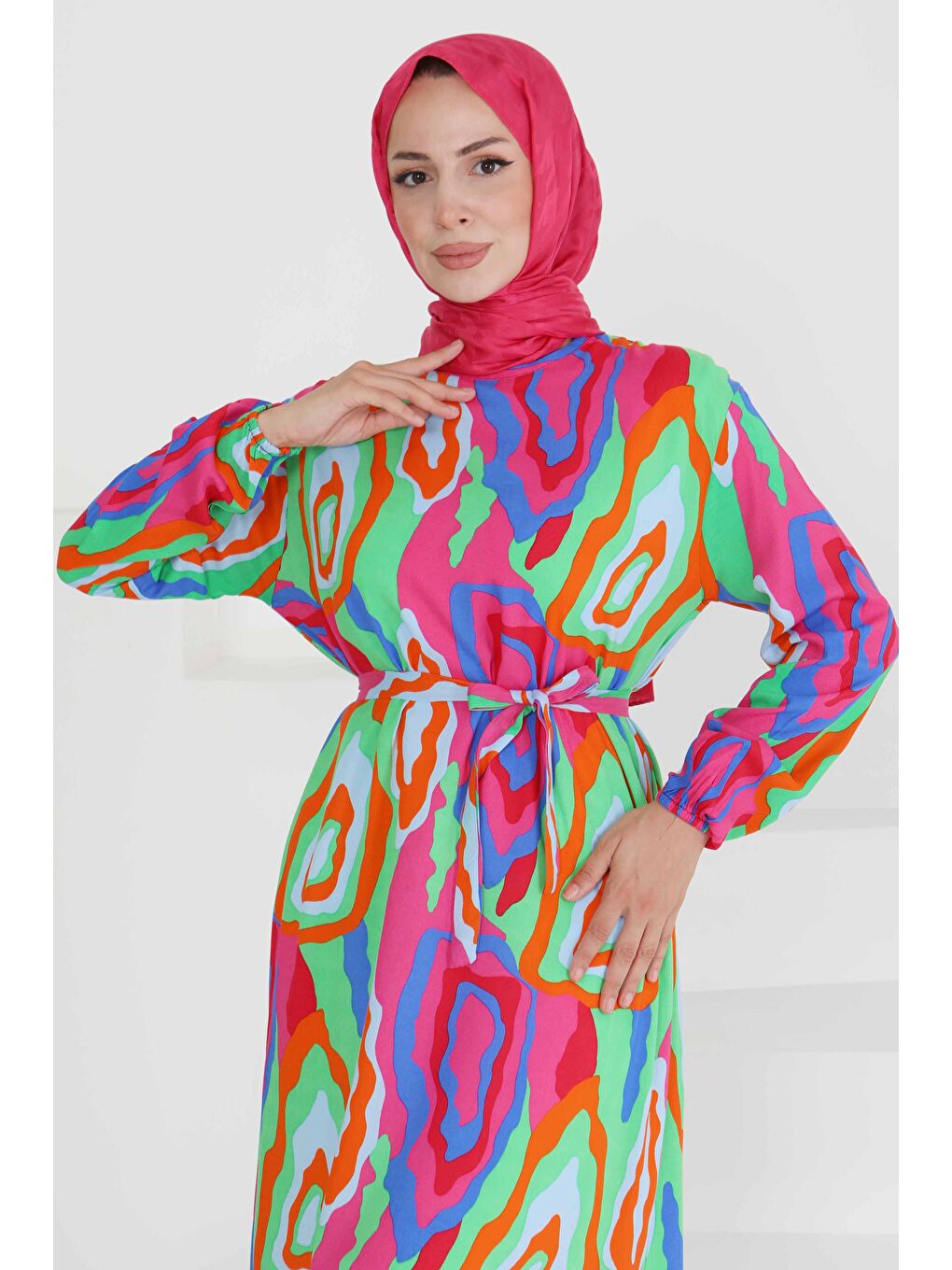 Yeşil Renkli Desenli Elbise Yesil - 27471-4