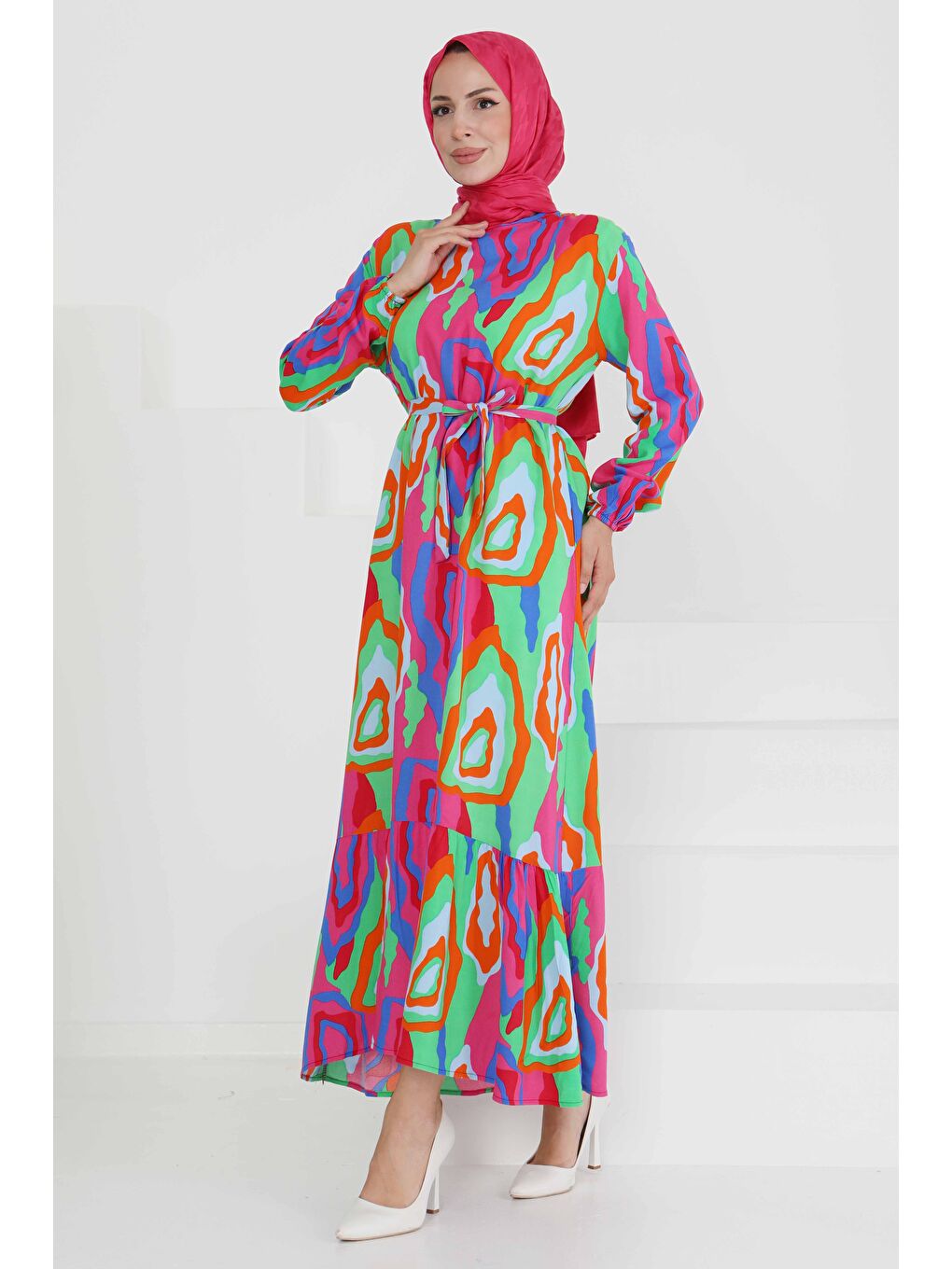 Yeşil Renkli Desenli Elbise Yesil - 27471-5