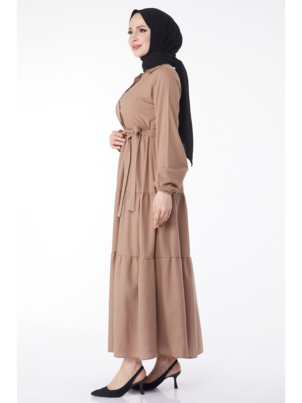 Bej Kuşaklı Kat Kat Elbise Vizon - 27345-5