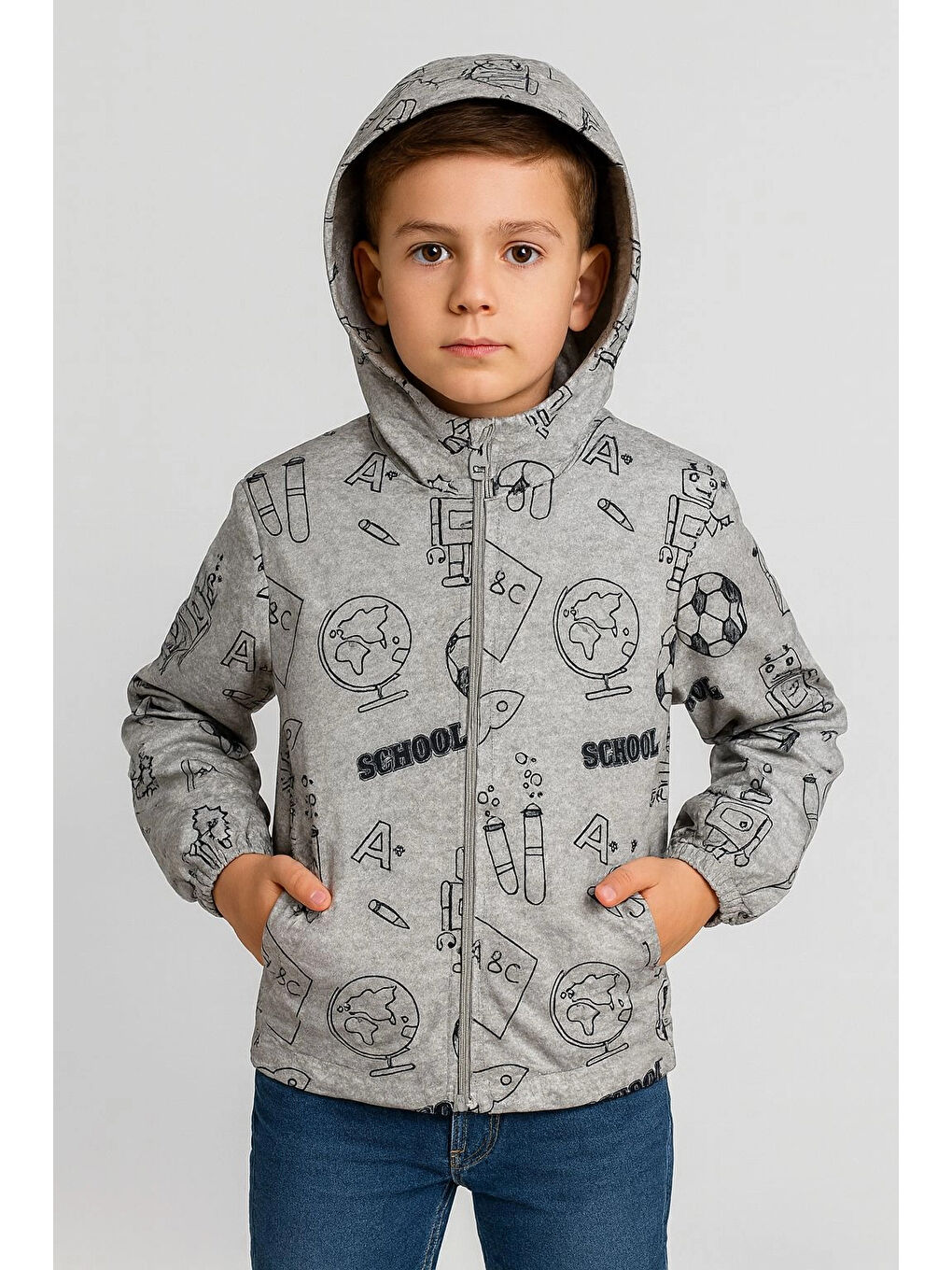 Gri School Desen Erkek Çocuk Yağmurluk 3337