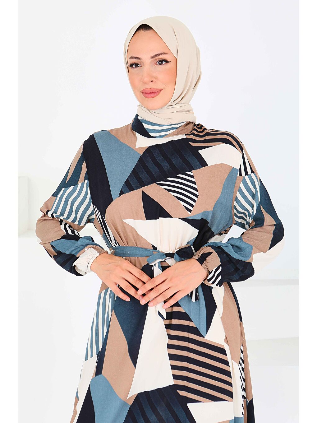 Bej Desenli Kuşaklı Elbise Vizon - 27517-2