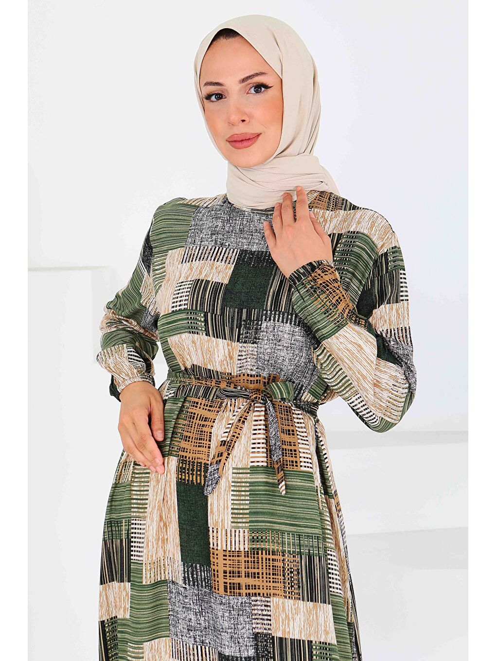 Desenli Kuşaklı Elbise Haki - 27518-2