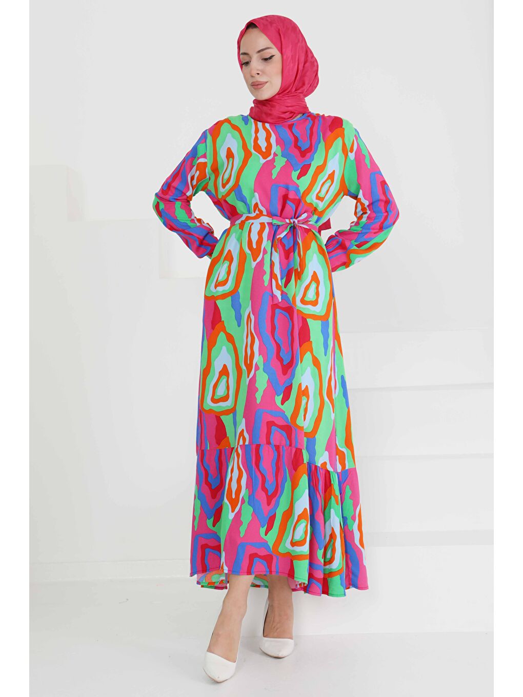 Yeşil Renkli Desenli Elbise Yesil - 27471-6