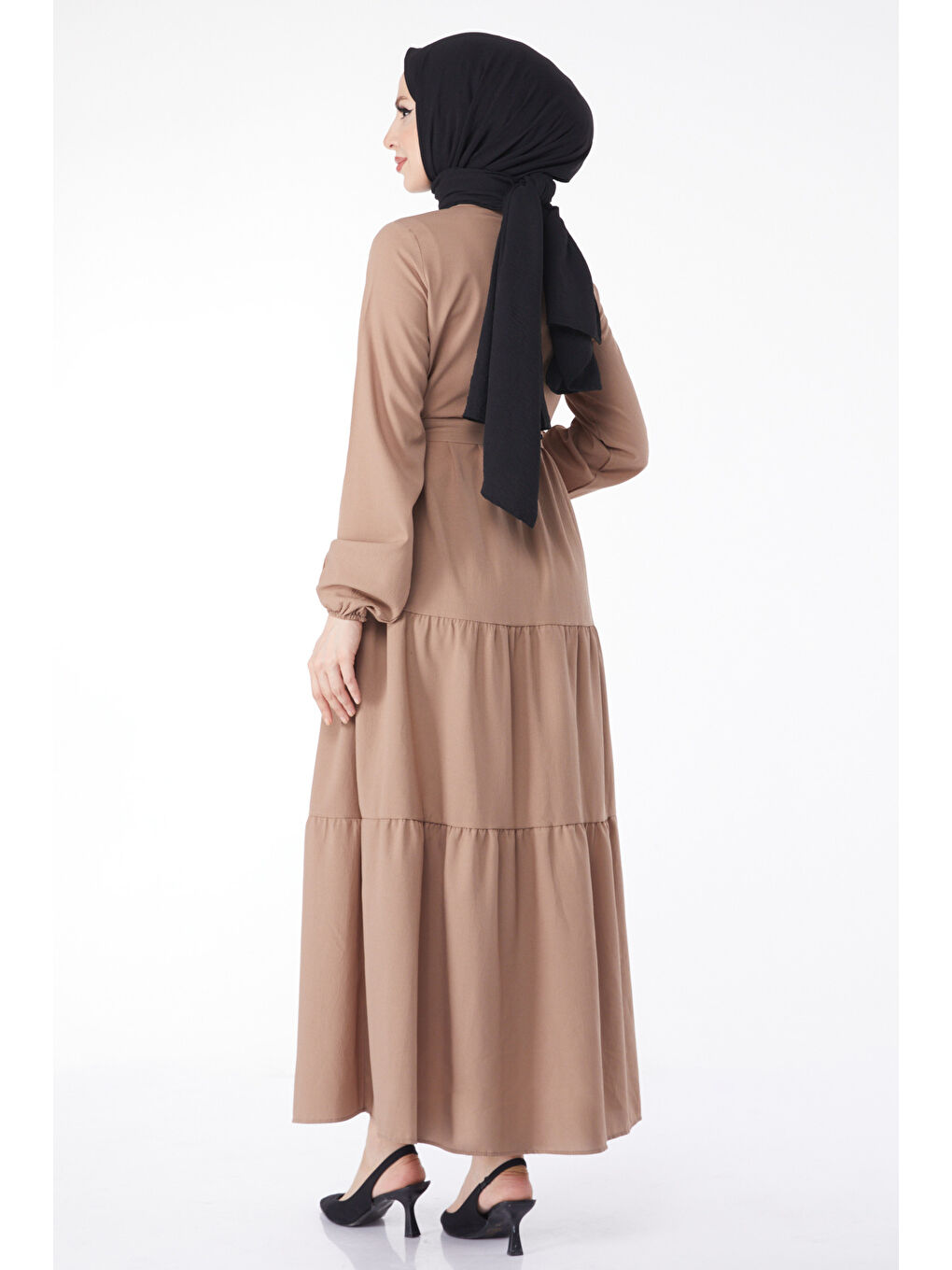 Bej Kuşaklı Kat Kat Elbise Vizon - 27345-6