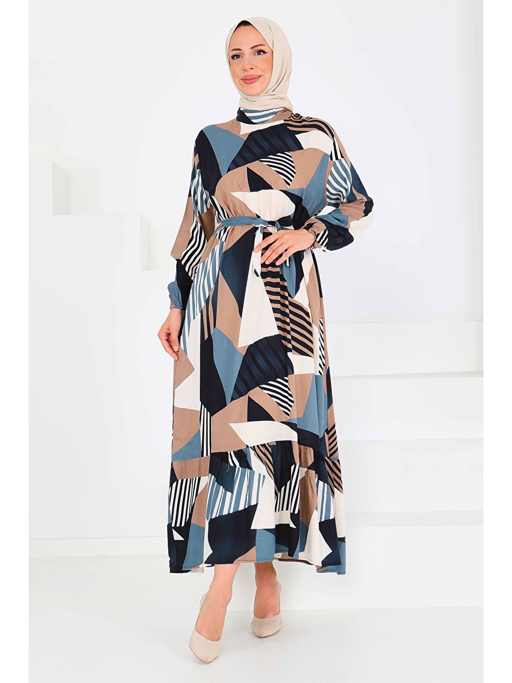 Bej Desenli Kuşaklı Elbise Vizon - 27517-3