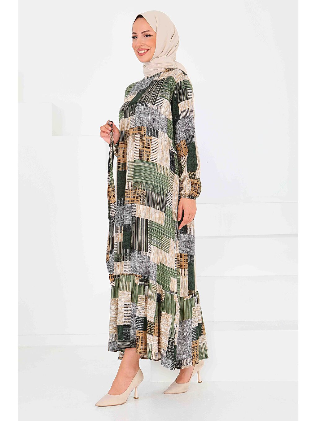 Desenli Kuşaklı Elbise Haki - 27518-3