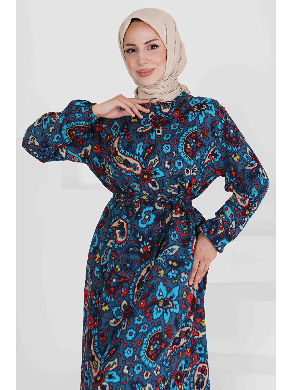 Desenli Kuşaklı Elbise Lacivert - 27472-1