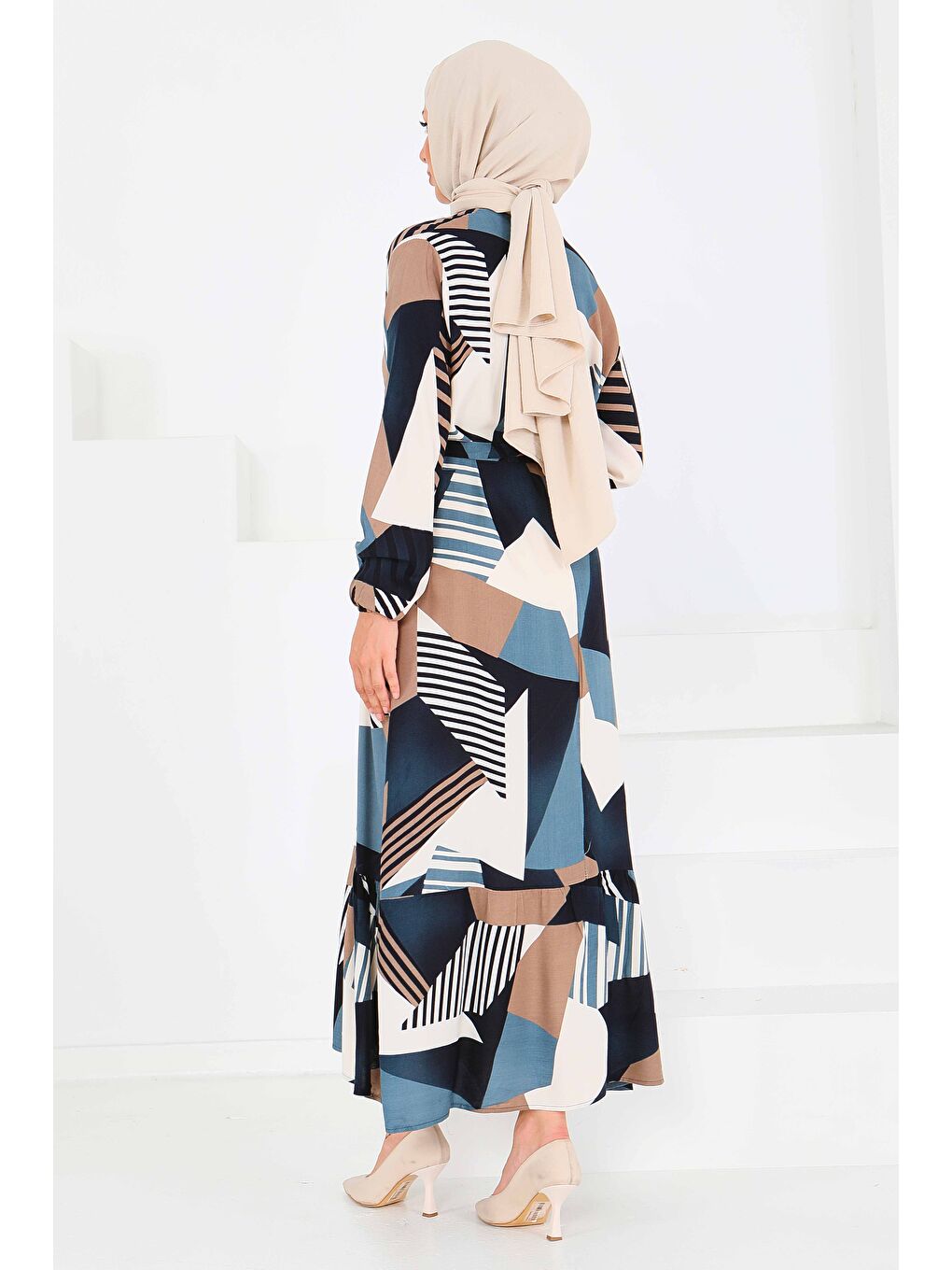 Bej Desenli Kuşaklı Elbise Vizon - 27517-4