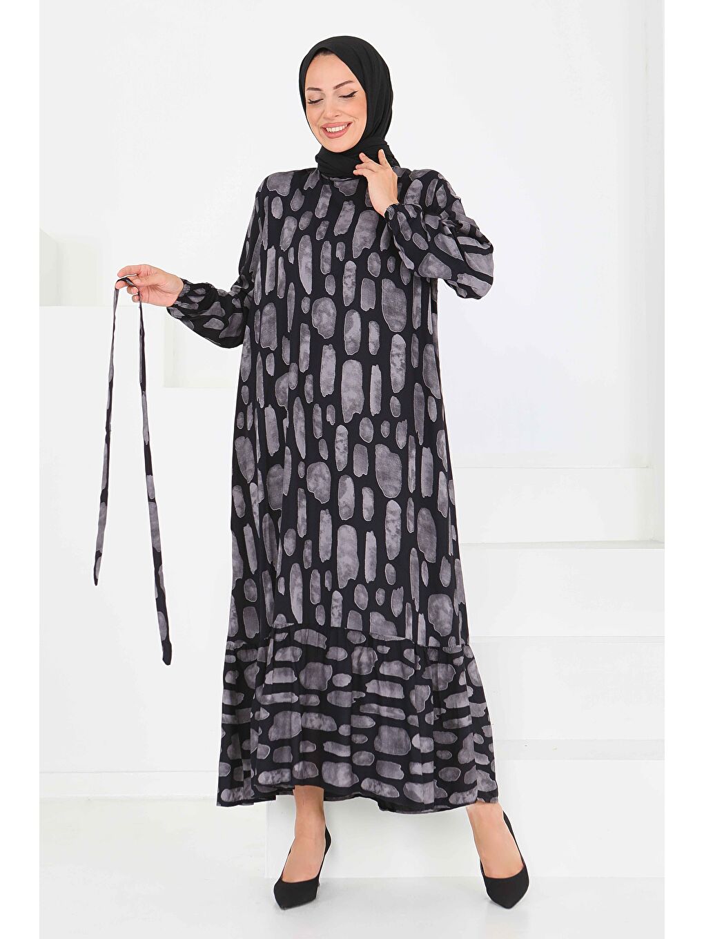 Desenli Kuşaklı Elbise Gri - 27519