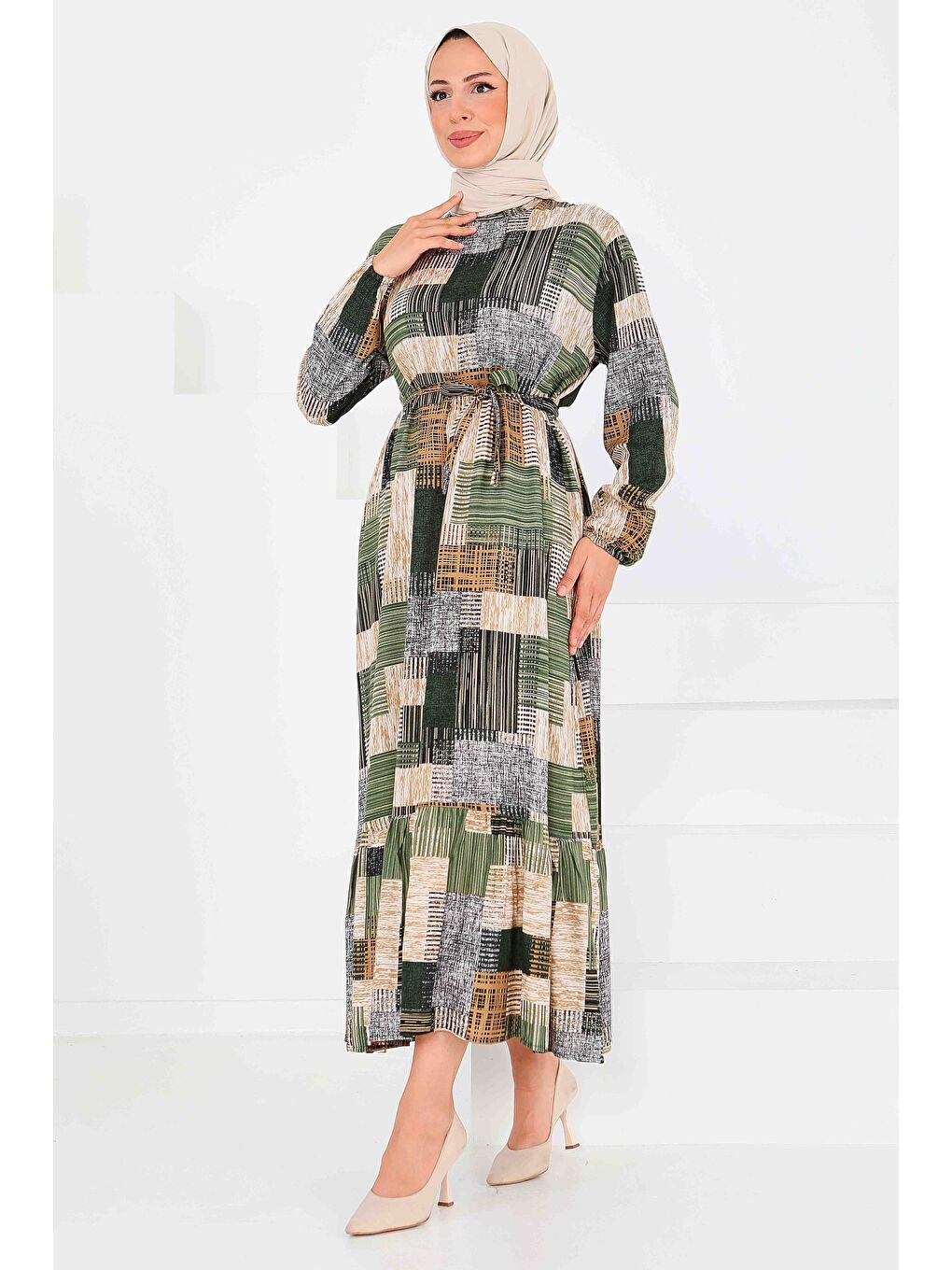 Desenli Kuşaklı Elbise Haki - 27518-4