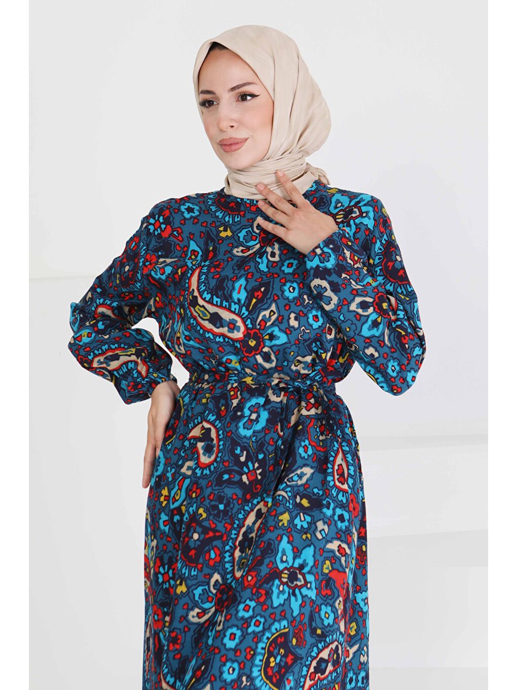 Desenli Kuşaklı Elbise Lacivert - 27472-3