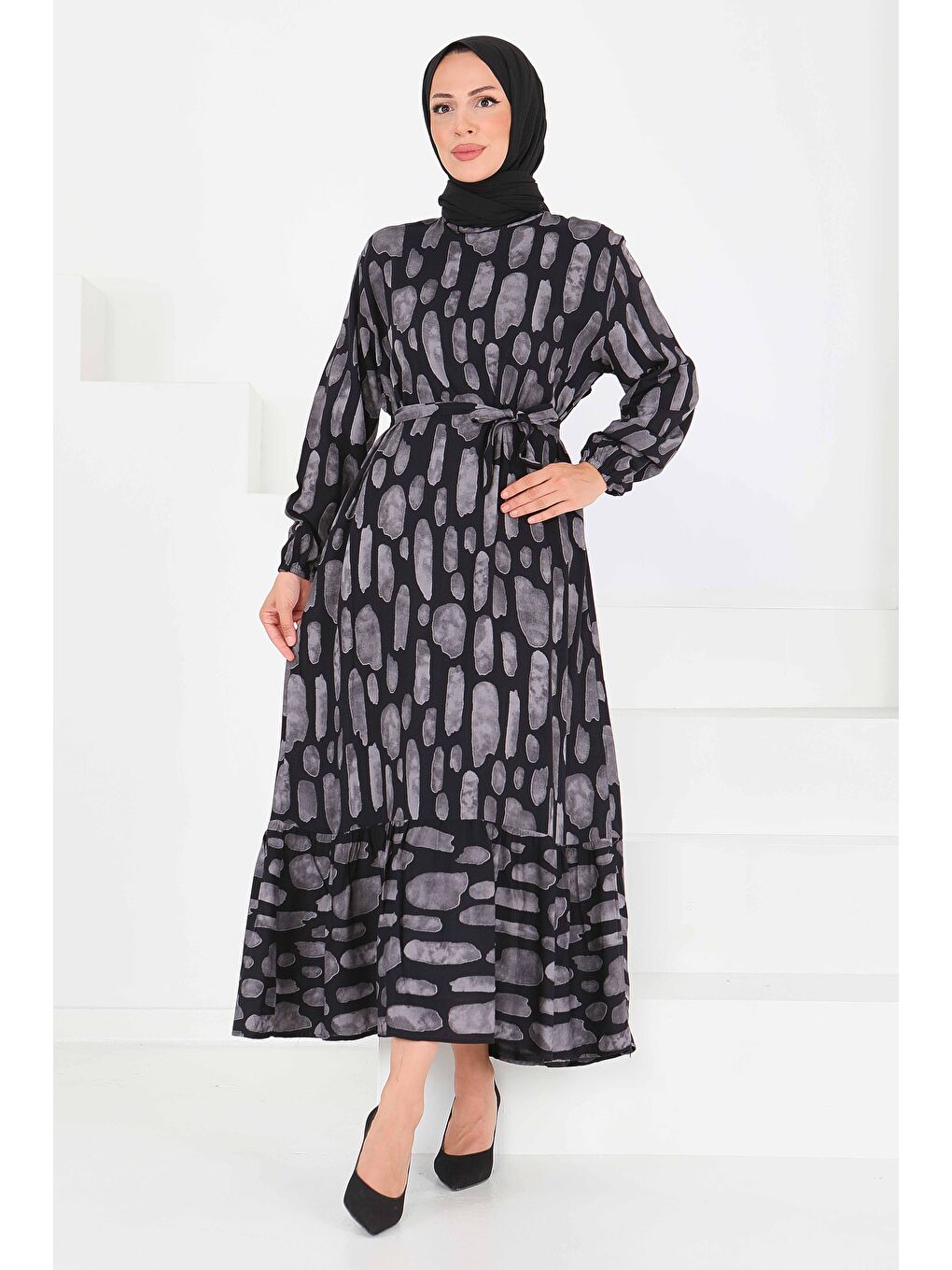 Desenli Kuşaklı Elbise Gri - 27519-1