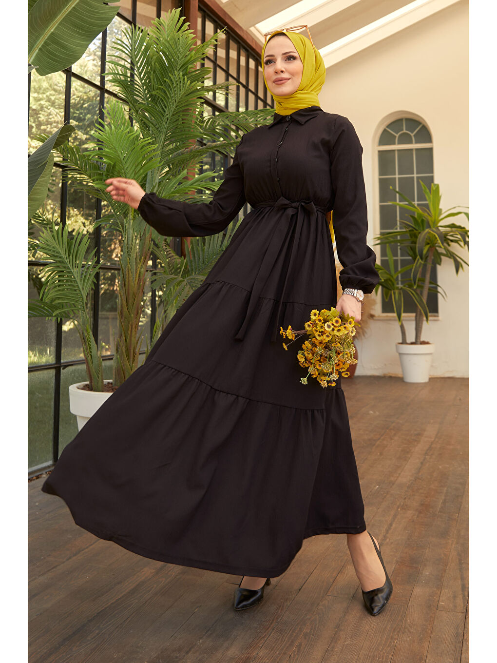 Kuşaklı Kat Kat Elbise Siyah - 27345