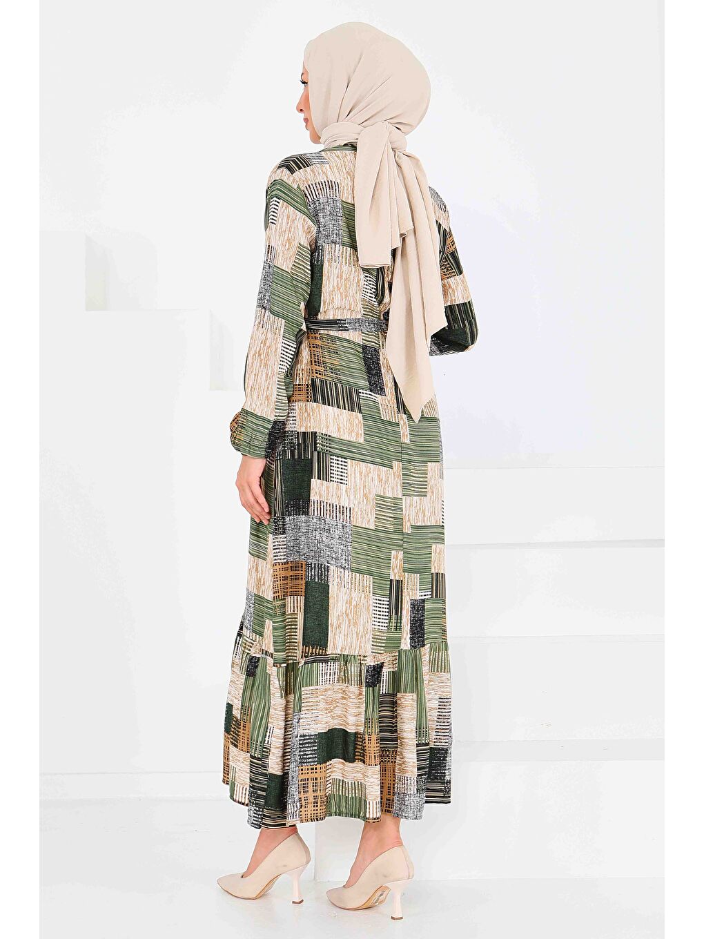 Desenli Kuşaklı Elbise Haki - 27518-5