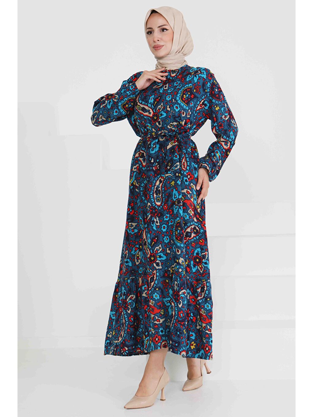 Desenli Kuşaklı Elbise Lacivert - 27472-4
