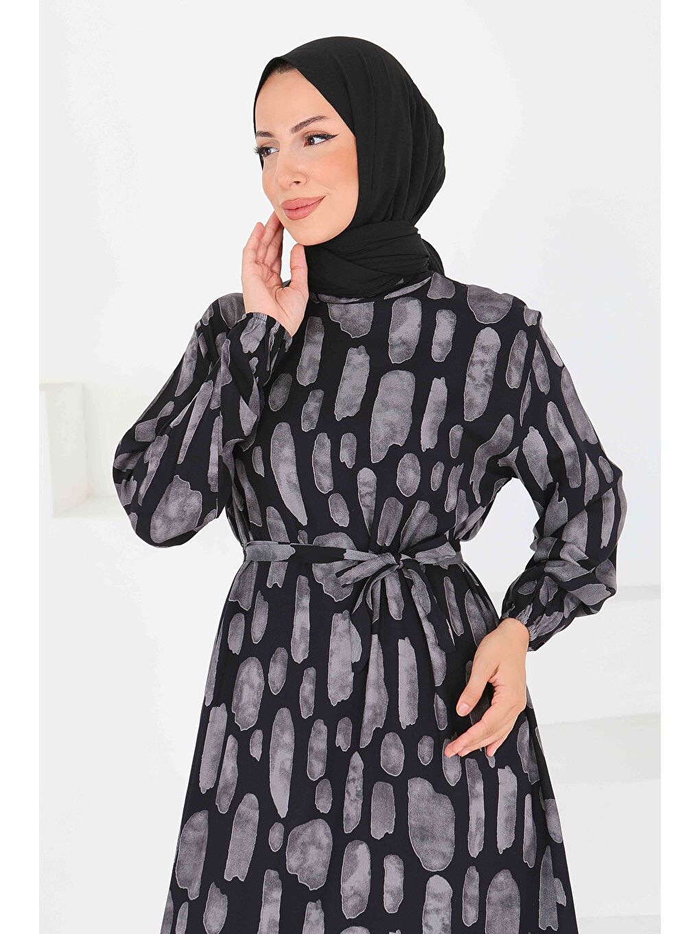 Desenli Kuşaklı Elbise Gri - 27519-2