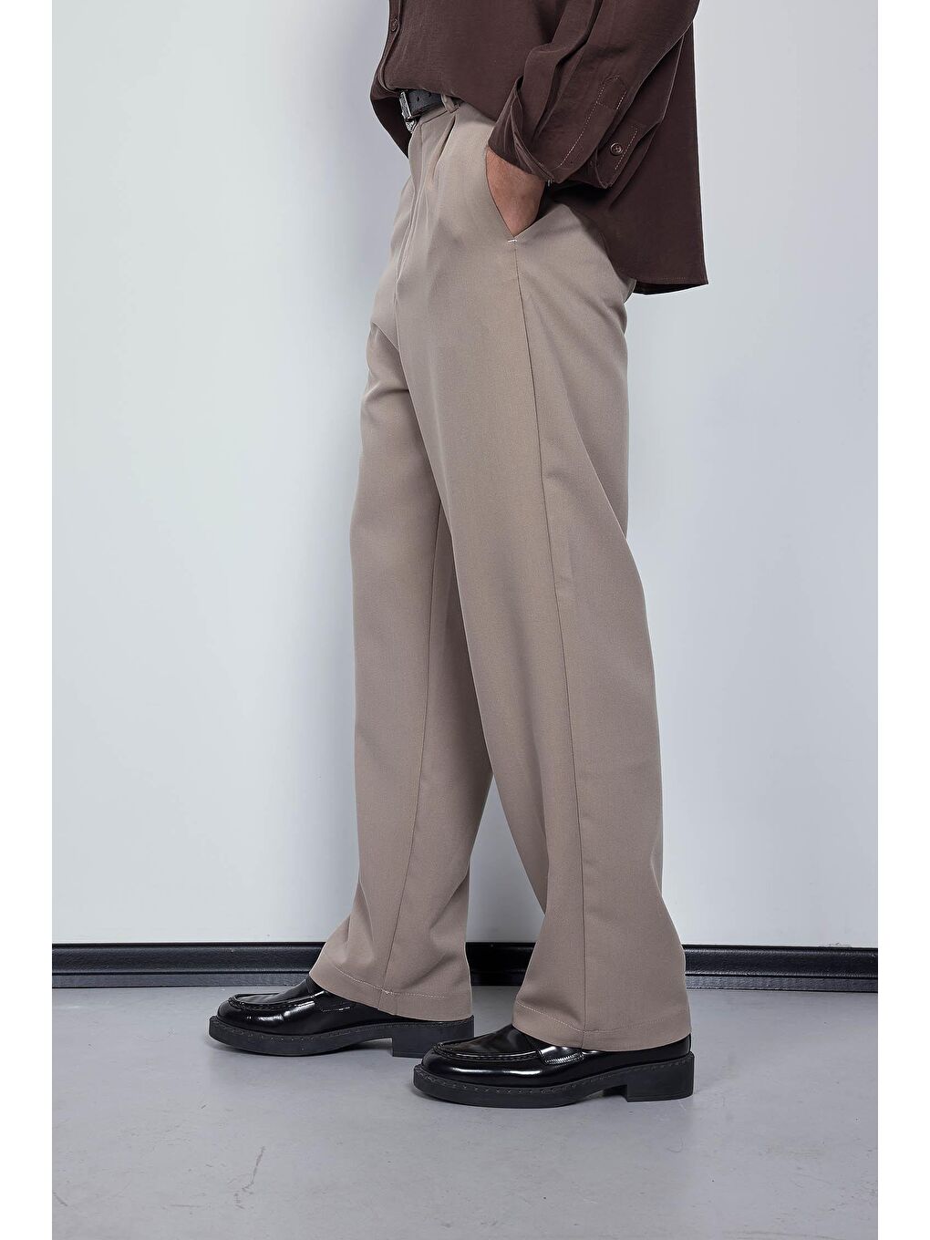 Erkek Baggy Fit Kumaş Pantolon Bej-1
