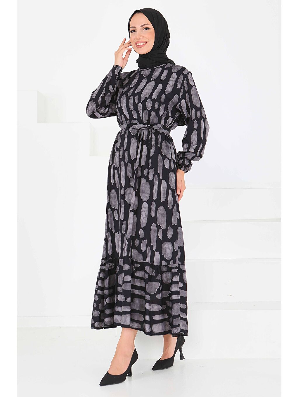 Desenli Kuşaklı Elbise Gri - 27519-3