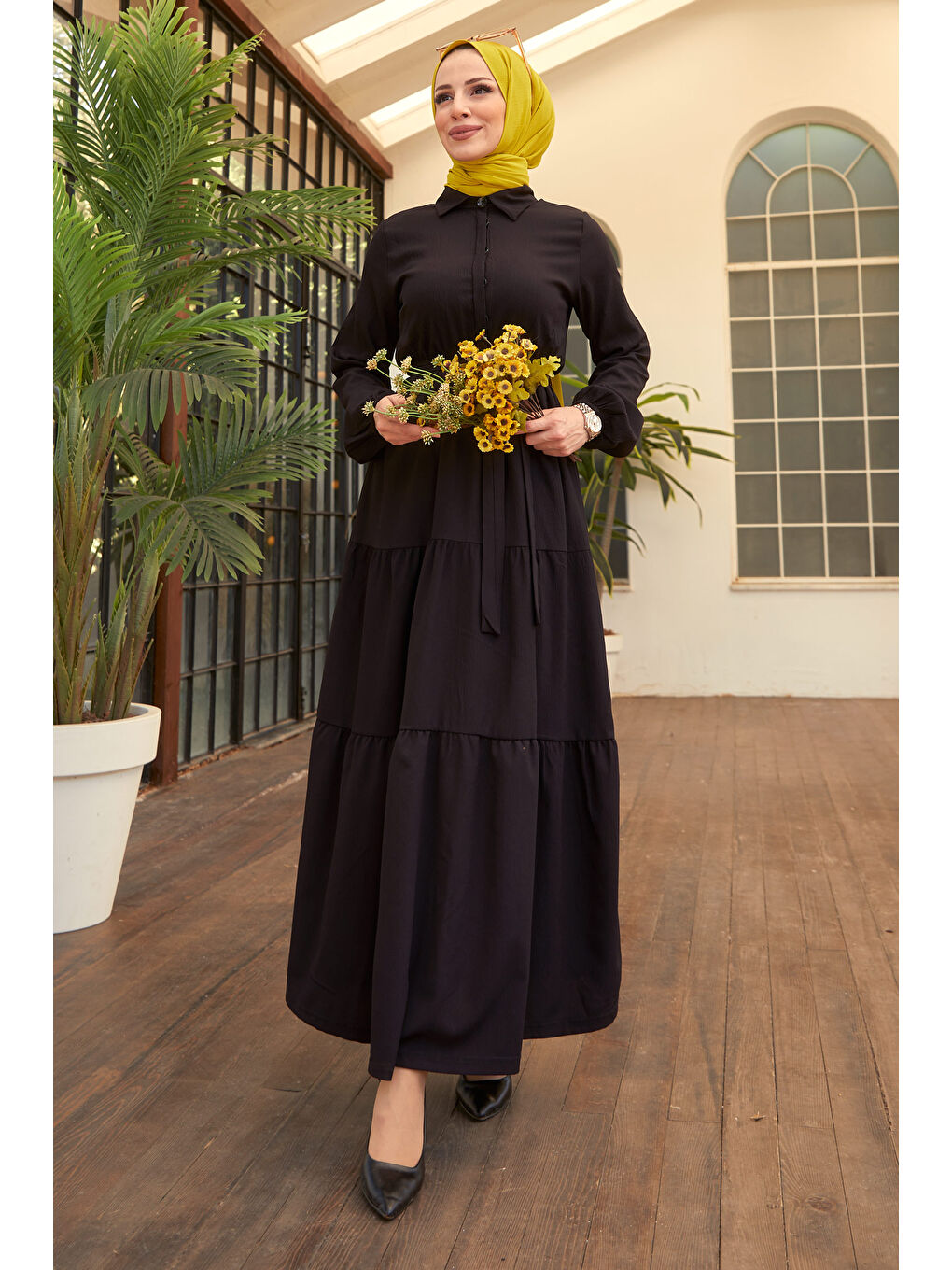 Kuşaklı Kat Kat Elbise Siyah - 27345-2