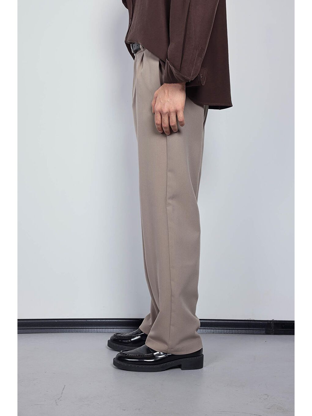 Erkek Baggy Fit Kumaş Pantolon Bej-2