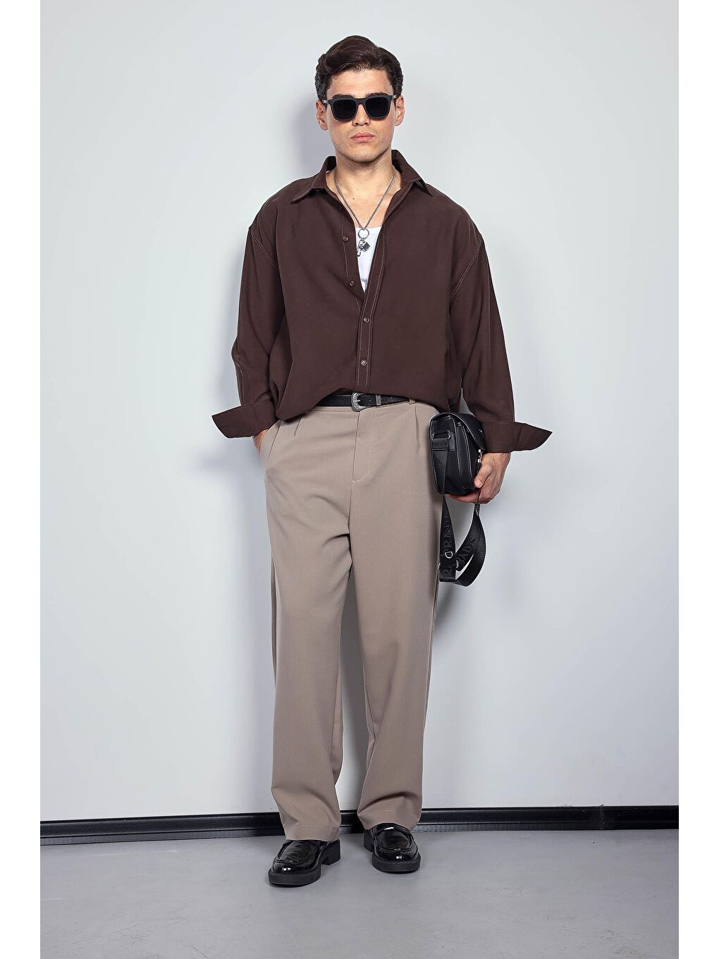 Erkek Baggy Fit Kumaş Pantolon Bej-3