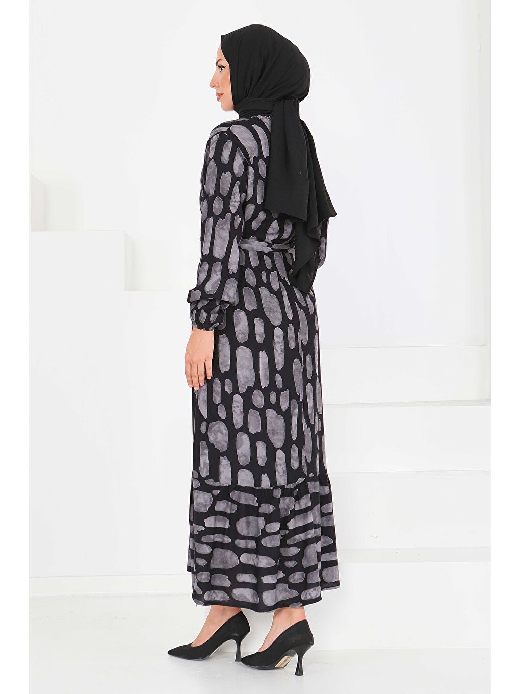 Desenli Kuşaklı Elbise Gri - 27519-4