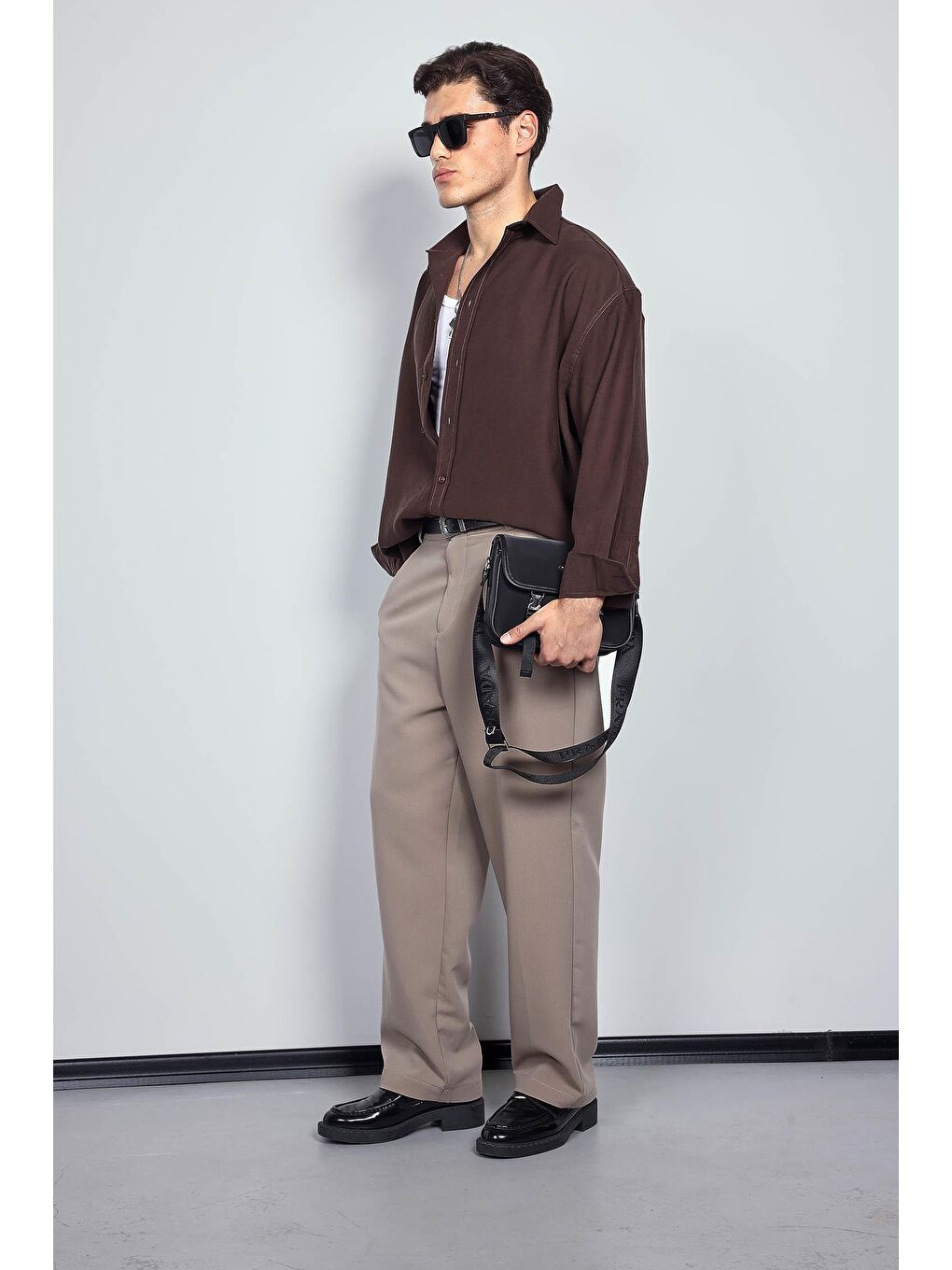 Erkek Baggy Fit Kumaş Pantolon Bej-4