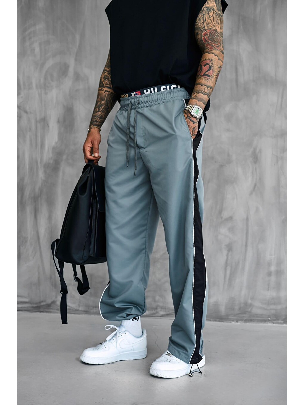 Erkek Şeritli Baggy Fit Teknik Pantolon Gri