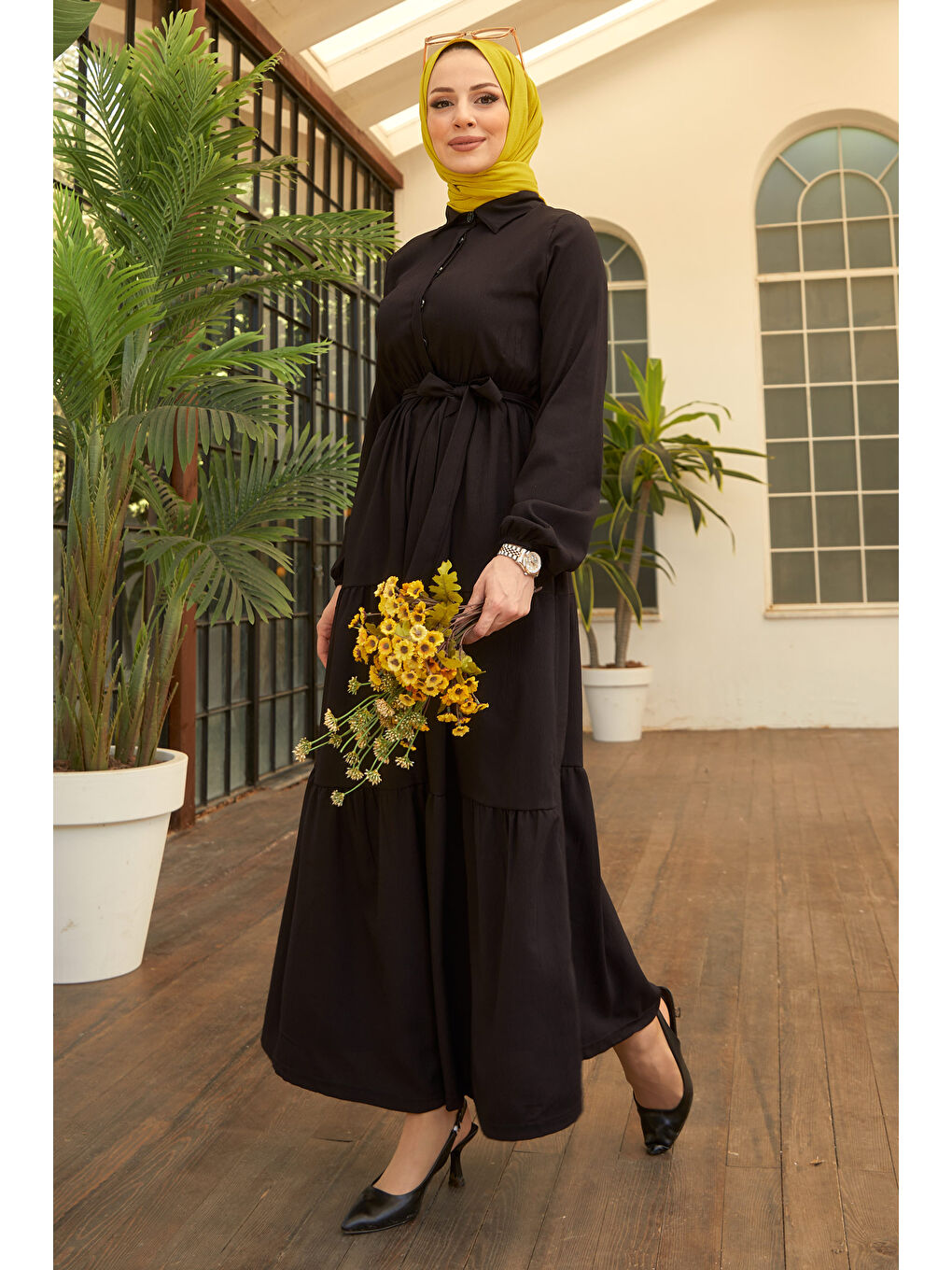 Kuşaklı Kat Kat Elbise Siyah - 27345-3