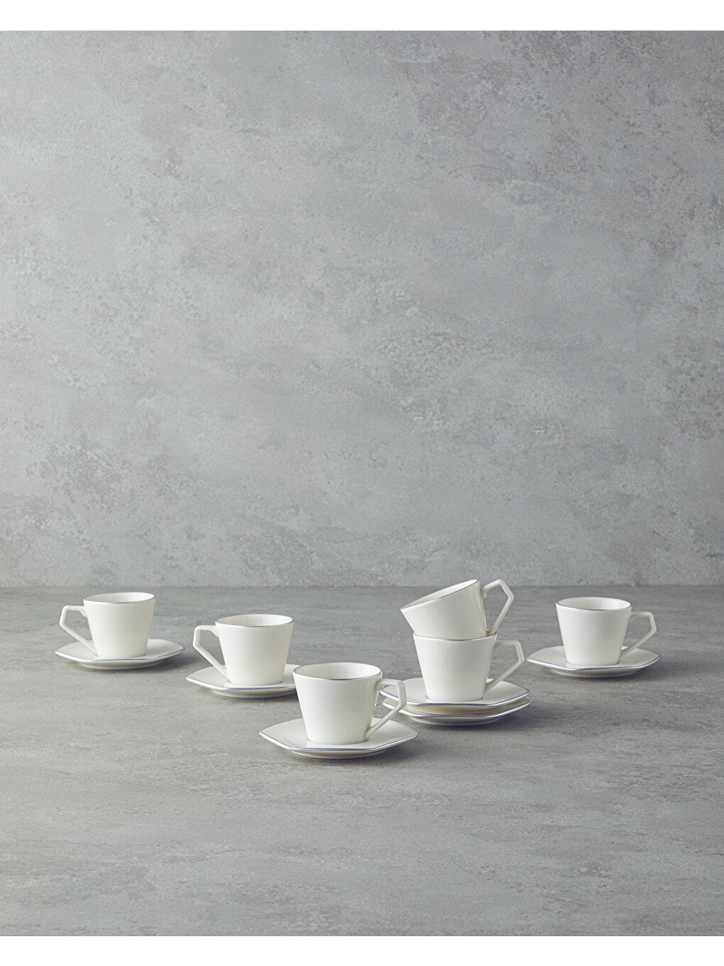 Gri Marlin Bone Porselen Kahve Fincan Takımı 12 Parça 6 Kişilik Silver