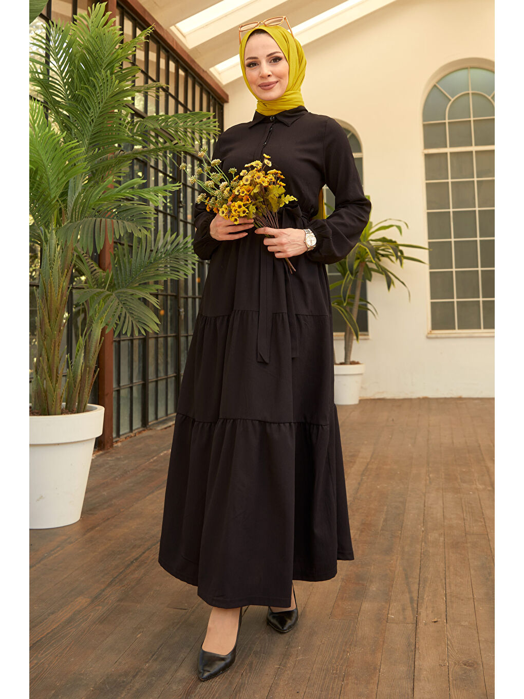 Kuşaklı Kat Kat Elbise Siyah - 27345-4