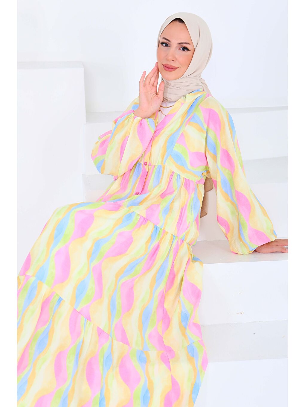 Düğmeli Desenli Elbise Pembe - 27515