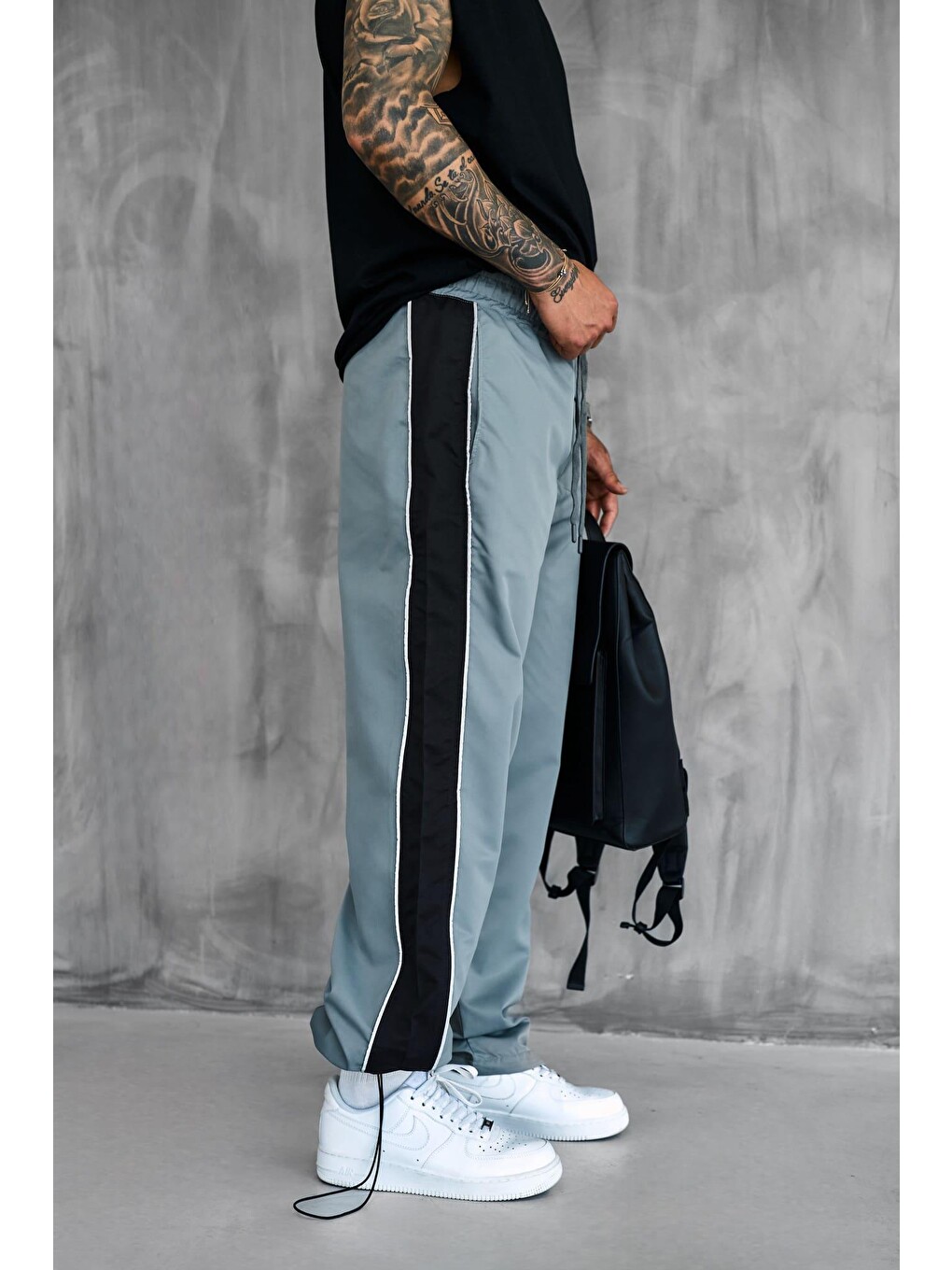 Erkek Şeritli Baggy Fit Teknik Pantolon Gri-3