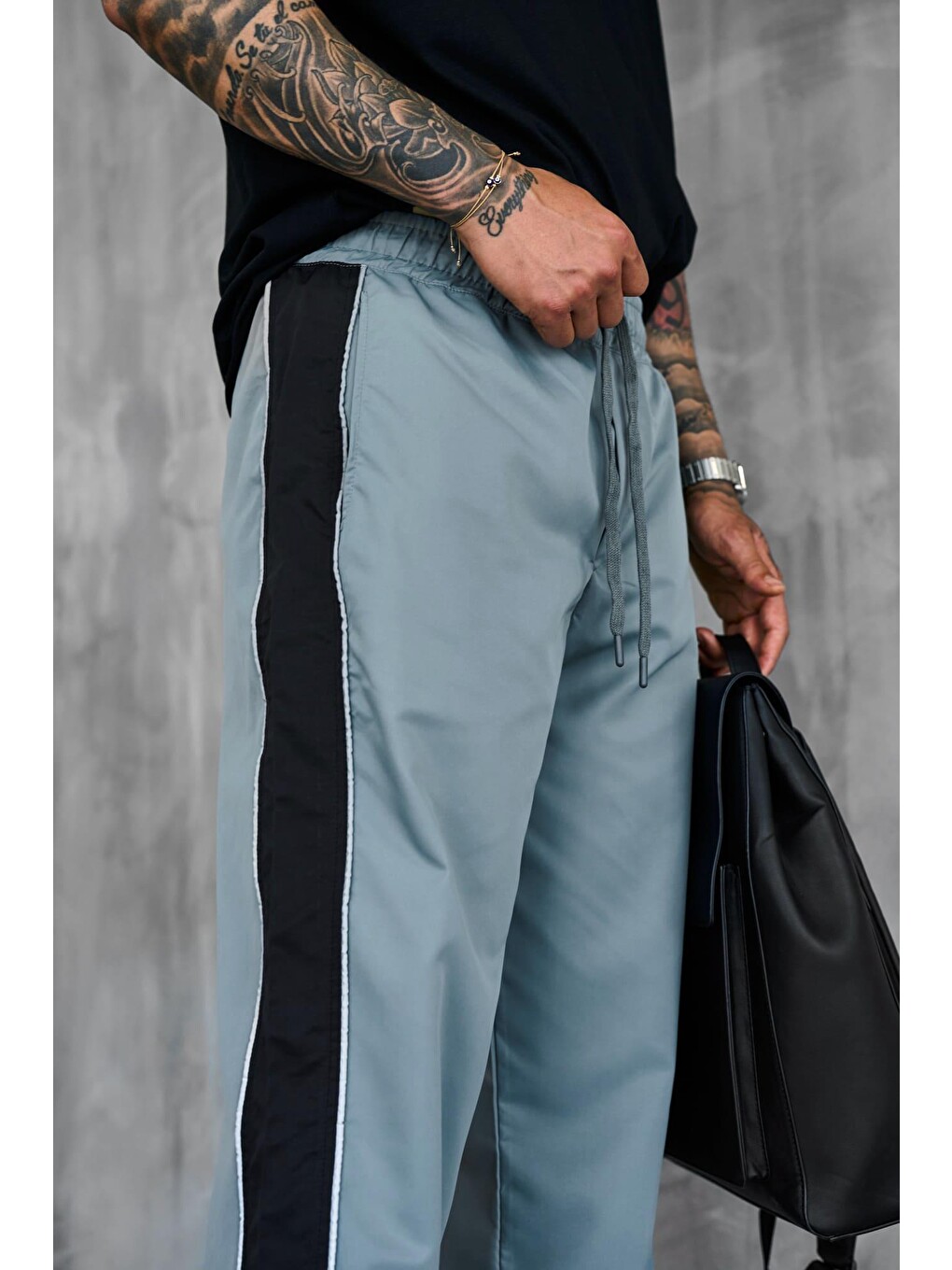 Erkek Şeritli Baggy Fit Teknik Pantolon Gri-5