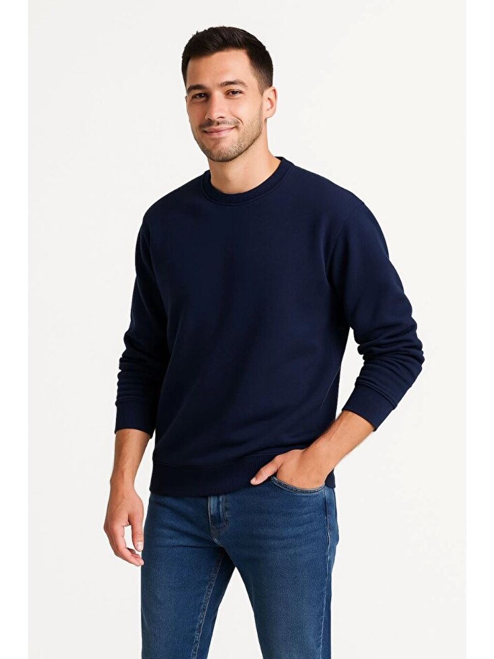 Erkek Üç İplik Düz Bisiklet Yaka Sweatshirt - Lacivert