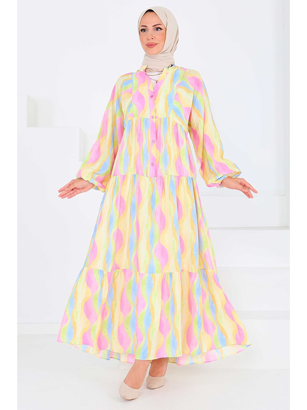 Düğmeli Desenli Elbise Pembe - 27515-1