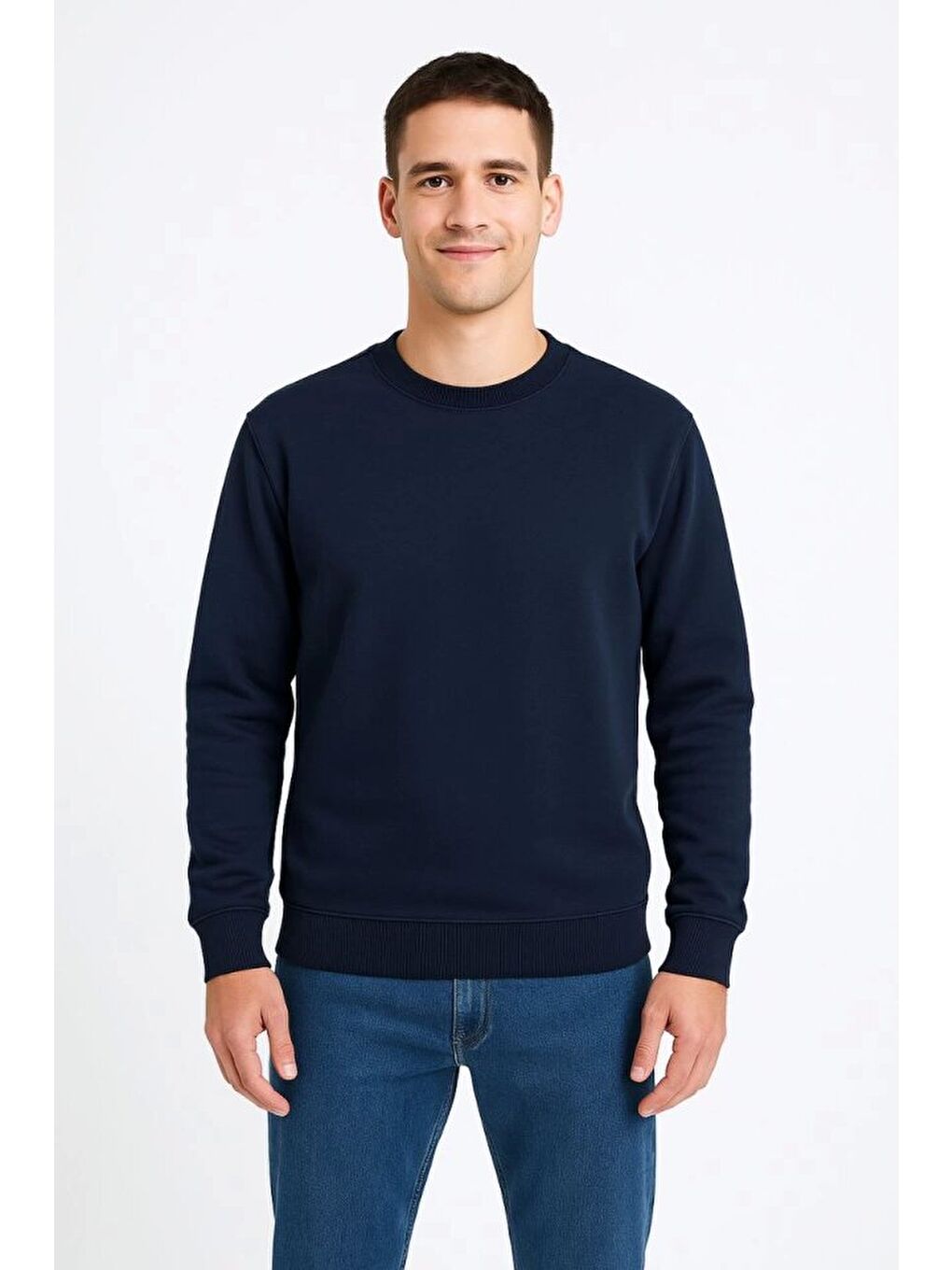 Erkek Üç İplik Düz Bisiklet Yaka Sweatshirt - Lacivert-1