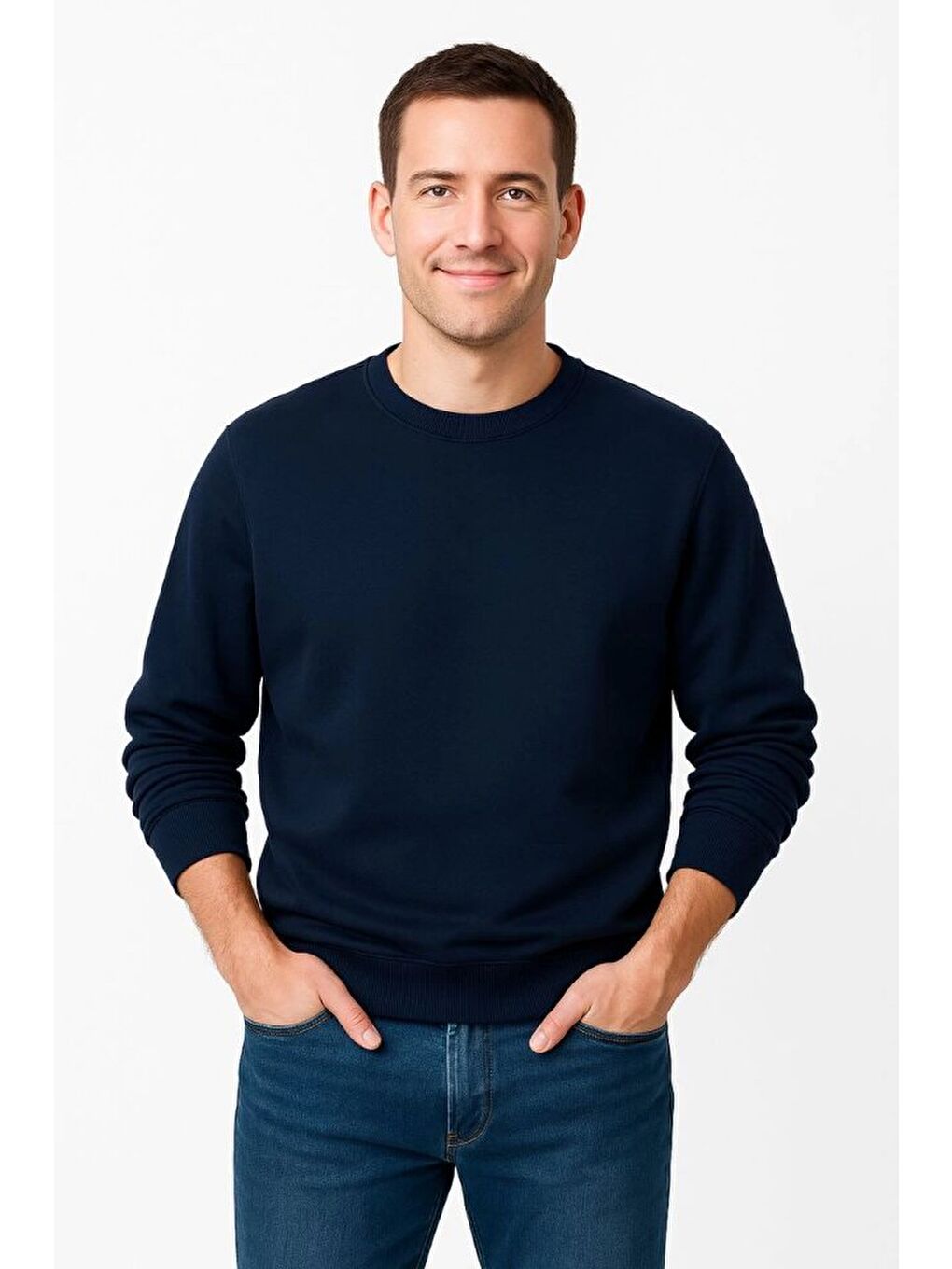 Erkek Üç İplik Düz Bisiklet Yaka Sweatshirt - Lacivert-2