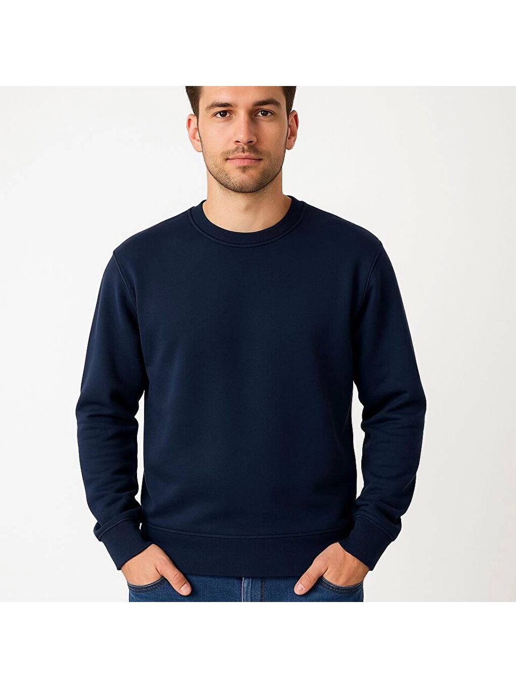 Erkek Üç İplik Düz Bisiklet Yaka Sweatshirt - Lacivert-3