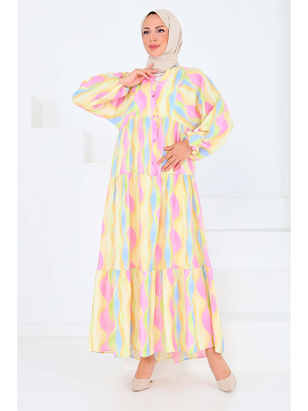 Düğmeli Desenli Elbise Pembe - 27515-2