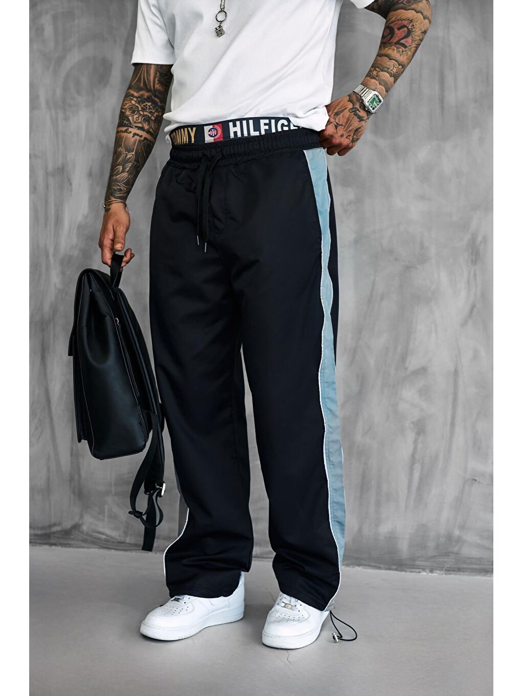 Erkek Şeritli Baggy Fit Teknik Pantolon Siyah-4