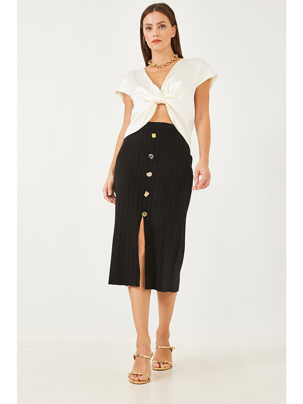 Siyah Kadın Düğme Detaylı Triko Etek-4