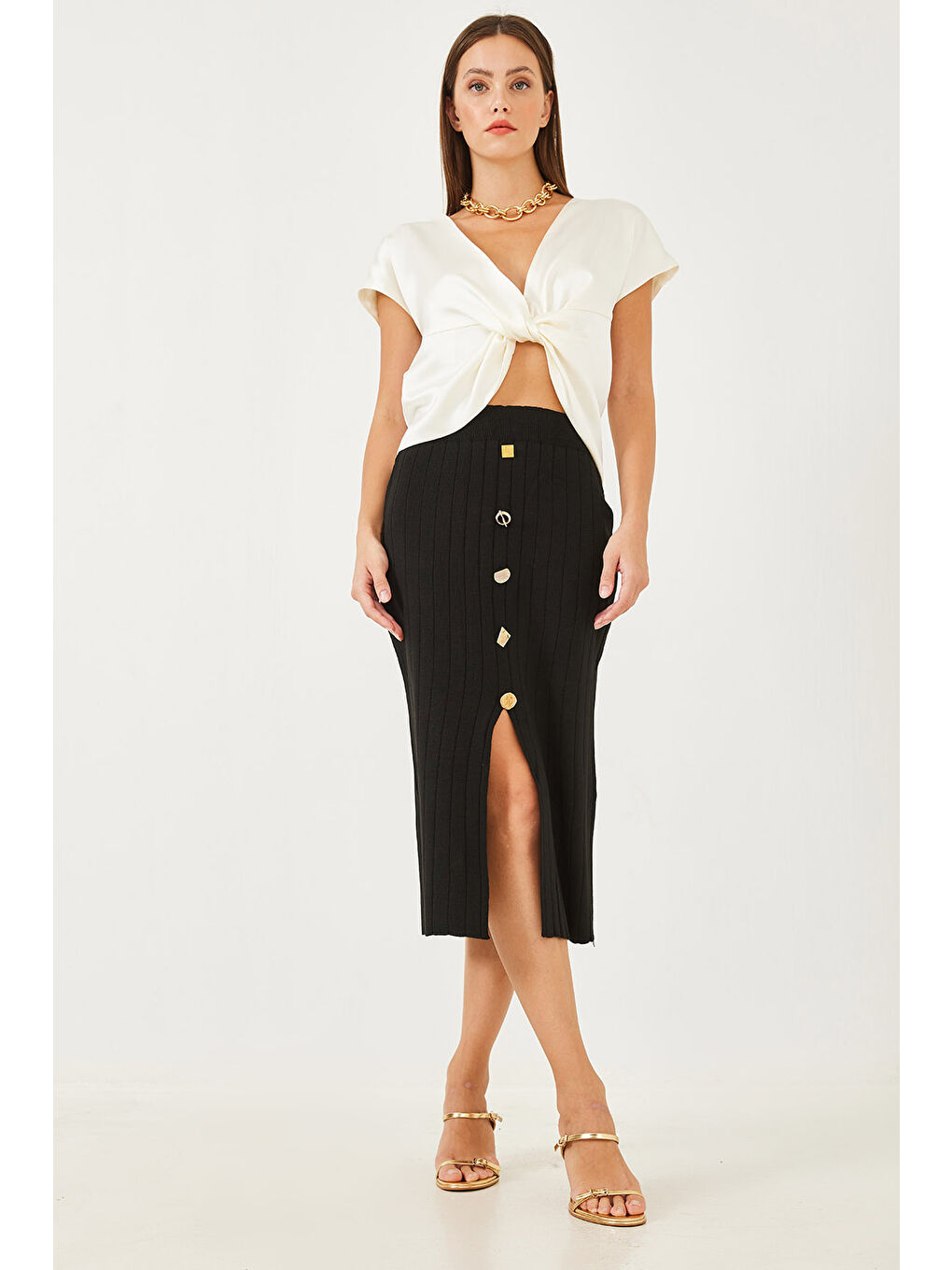 Siyah Kadın Düğme Detaylı Triko Etek-6