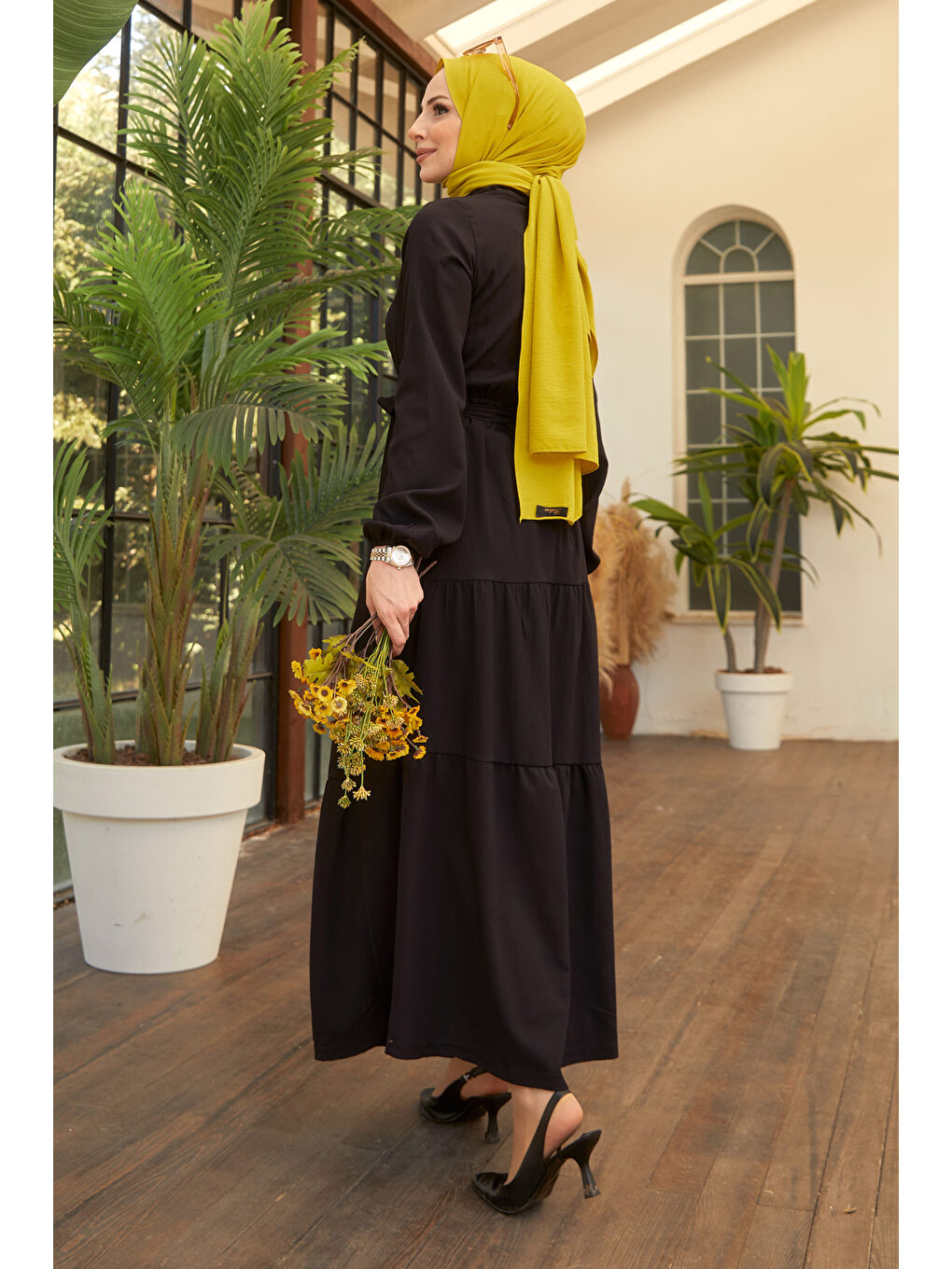 Kuşaklı Kat Kat Elbise Siyah - 27345-8