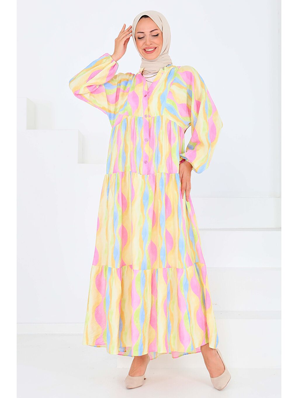 Düğmeli Desenli Elbise Pembe - 27515-3