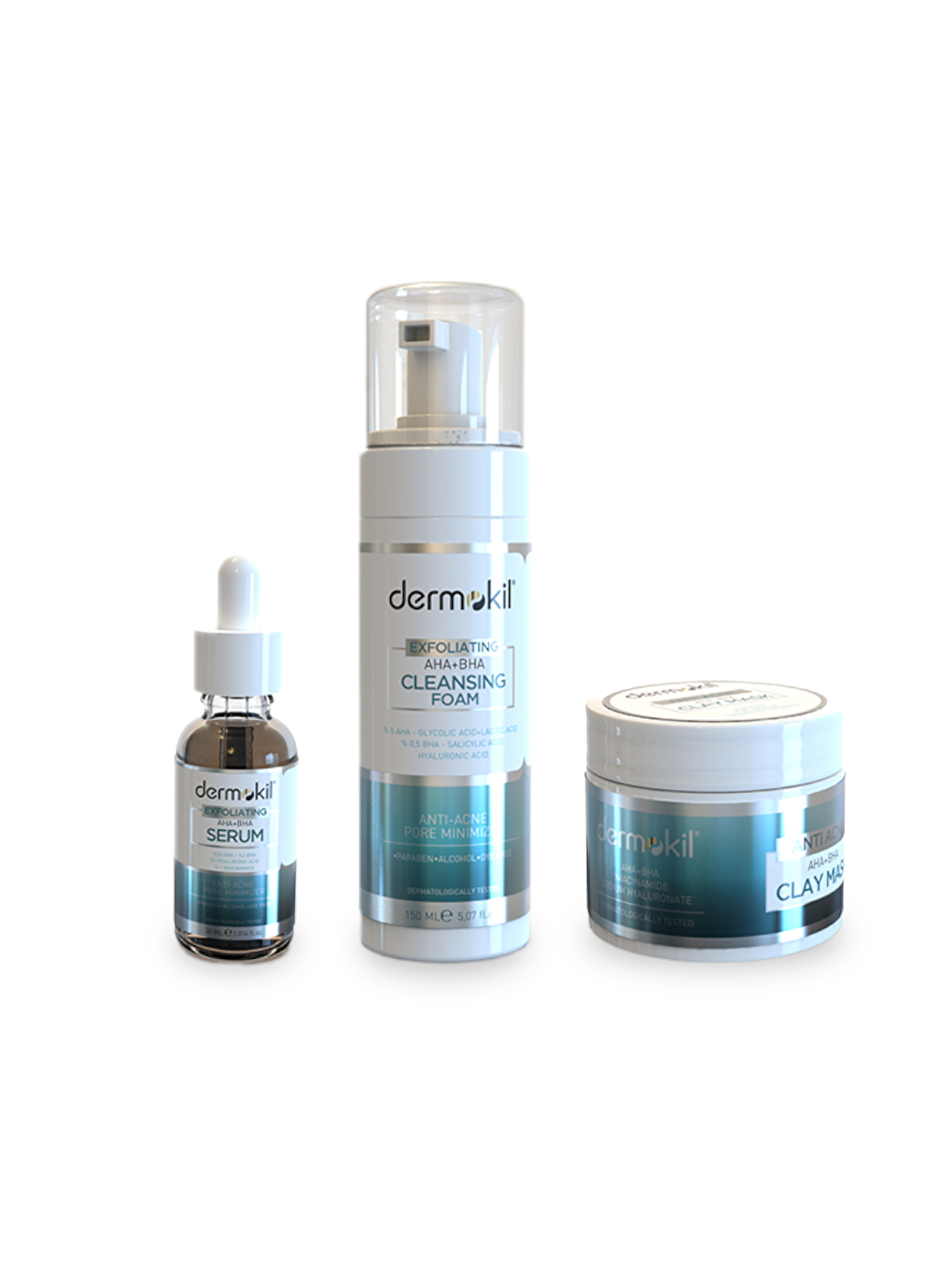 DERMOKIL Açık Gri-Beyaz Peeling Etkili Aha+Bha- Nıacınamıde Cilt Bakım Seti-3