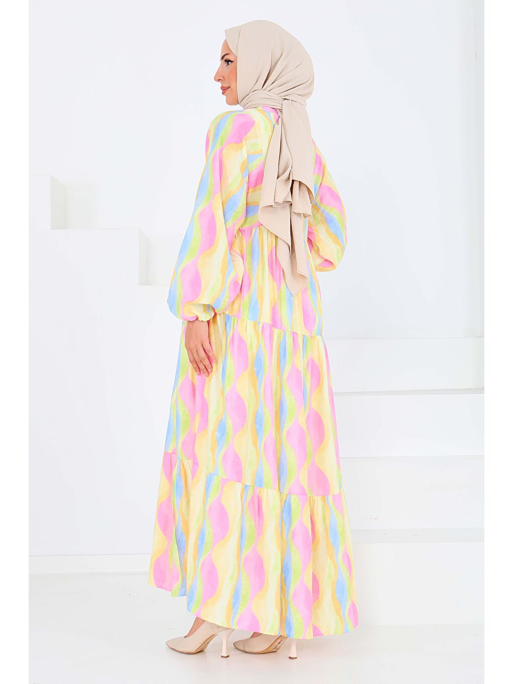 Düğmeli Desenli Elbise Pembe - 27515-4